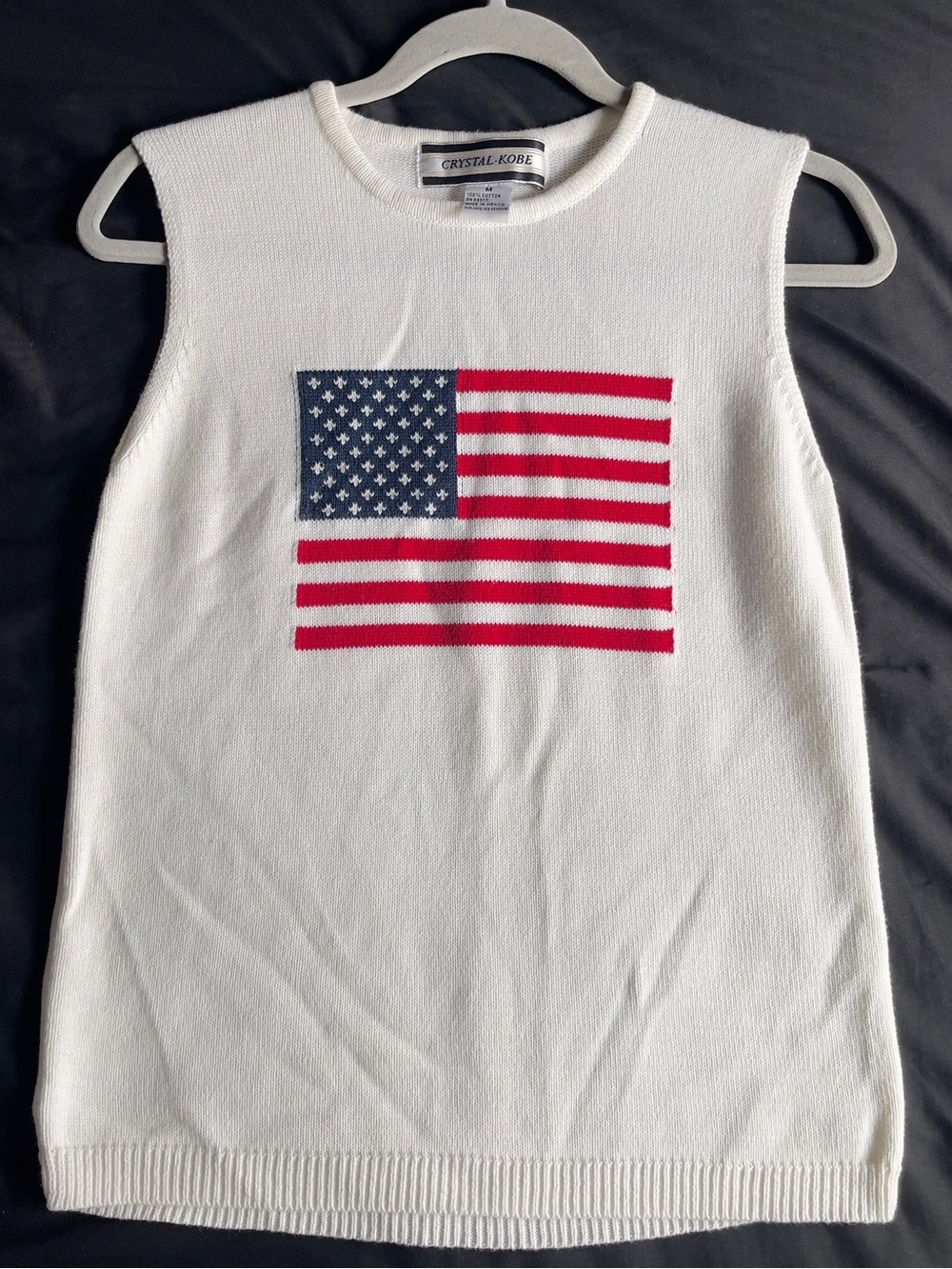 Vintage Crystal-Kobe American Flag Sweater Vest White Sleeveless Knit Top Medium